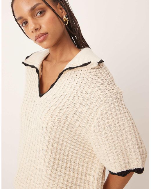ASOS Natural Knitted Polo Shirt With Tipping Detail Co-Ord