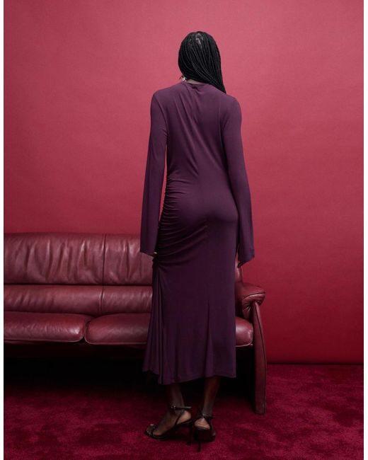& Other Stories Red High Neck Long Sleeve Soft Twisted Midi Dress