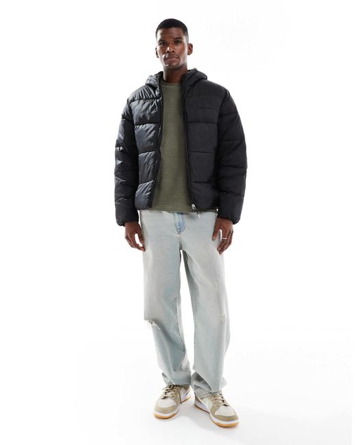 Jack & Jones Black Hooded Puffer Jacket With Sheen for men