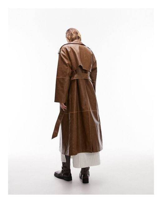 TOPSHOP Brown Long-line Washed Faux Leather Trench