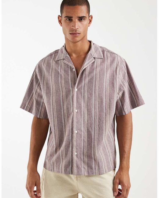 ASOS Brown Oversized Linen Look Striped Shirt for men