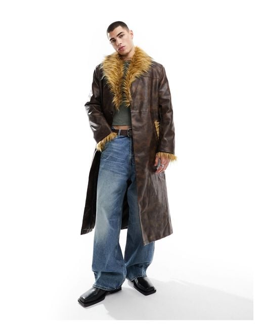 Reclaimed (vintage) Blue Longline Leather Look Trench Coat With Faux Fur Trims for men