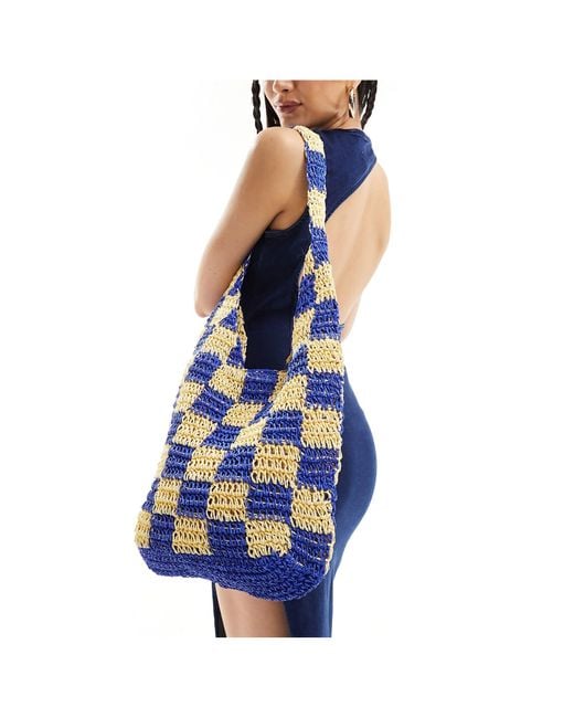 South Beach Blue Checkerboard Crochet Tote Bag