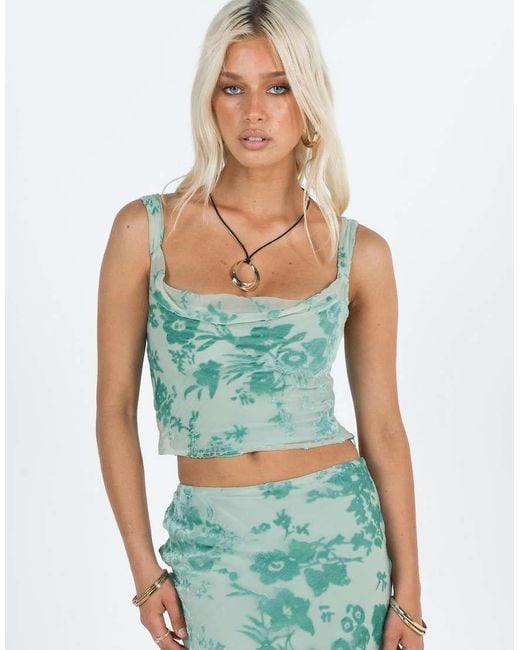 Princess Polly Green Devore Velvet Cowl Neck Top Co-ord