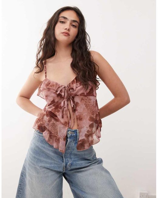 Reclaimed Vintage Pink Ruffle Tie Front Boho Top