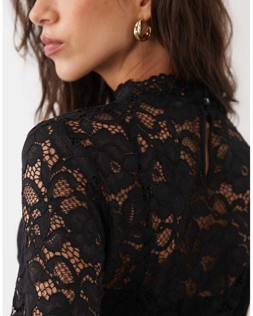 Y.A.S Black Long Sleeve High Neck Floral Lace Top