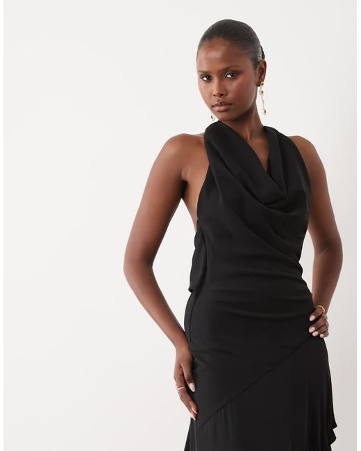 ASOS Black Halter Neck Asymmetric Midi Dress With Tassel Hem