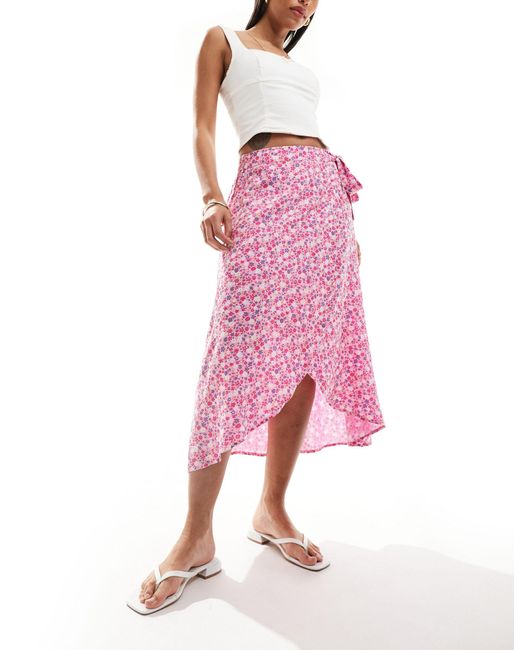 Pieces Pink Wrap Midi Skirt