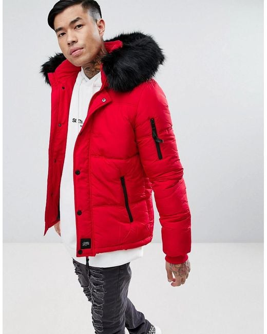 Sixth June Puffer Jacket In Red With Black Fur Hood for men