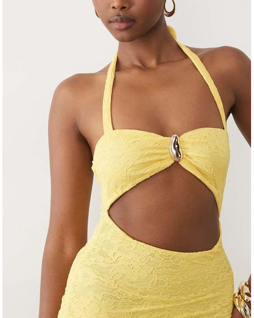 Murci Yellow Lace Halterneck Metal Hardware Cutout Detail Maxi Dress