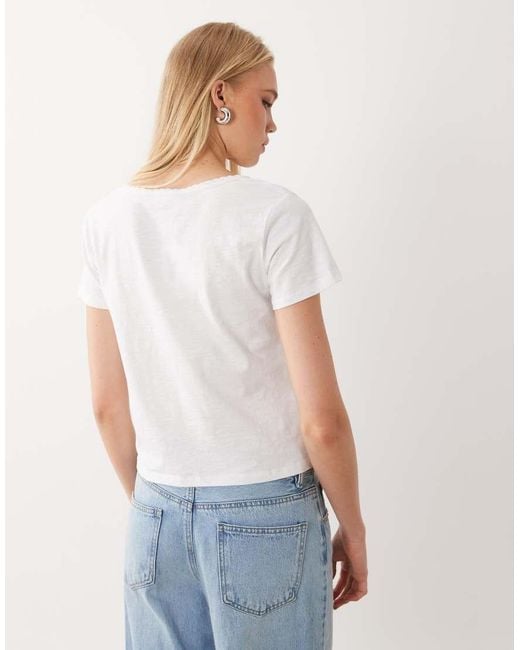 Mango Natural Teen V Neck Lace Trim T-Shirt