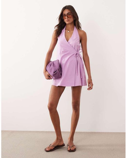 ASOS Pink Cotton Linen Halter Neck Wrap Mini Sundress