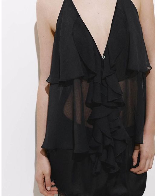 Pull&Bear Black Halter Top With Ruffles