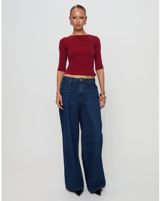 Princess Polly Red Elaia Cotton Rich Slash Neck 3/Sleeve Top