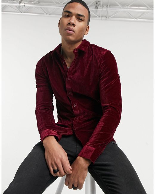 ASOS Skinny Fit Velvet Shirt in Red for Men | Lyst