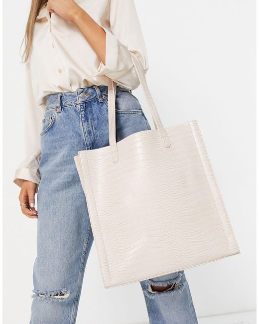 ASOS Cream Croc Shopper With Laptop Compartment in White | Lyst UK