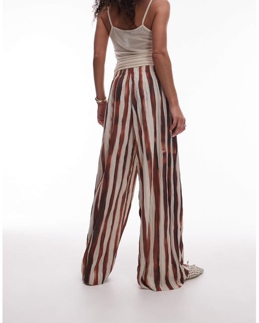 TOPSHOP Brown Stripe Crinkle Wide Leg Trousers