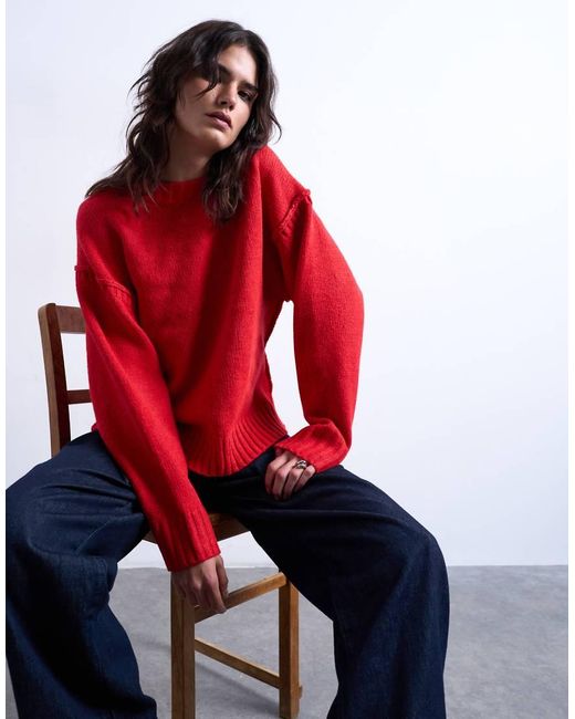 TOPSHOP Red Knitted Clean Exposed Seam Jumper