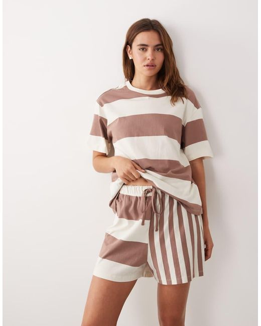 ASOS White Oversized Short Sleeve Tee And Shorts Pajama Set With Cream & Brown Multiway Stripes