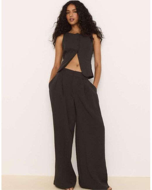 Stradivarius Brown Rustic Wide-leg Trousers With Adjustable Buttons