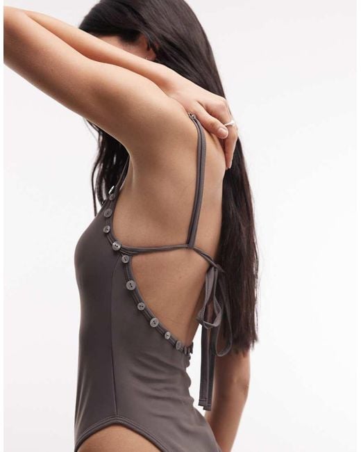 Collusion Black Button Trim Straight Neck Swimsuit