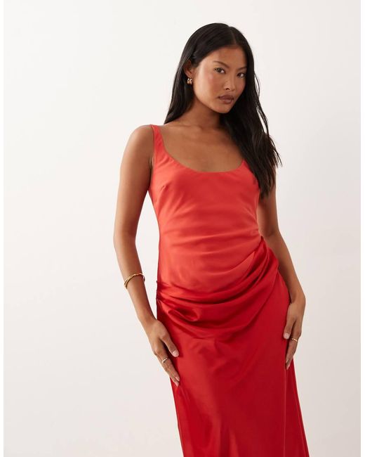 ASOS Red Asos Design Petite Deep Scoop Neck Maxi Dress With Asymmetric Draped Skirt Overlay