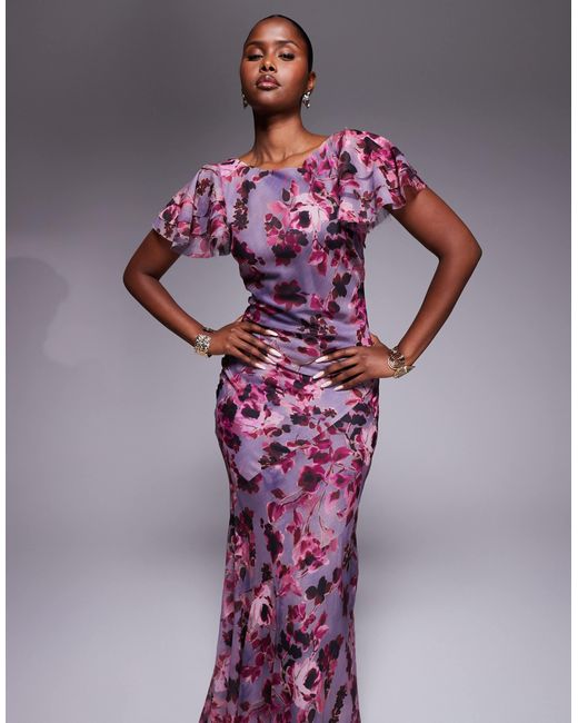 Robe longue à manches volantées et col montant avec imprimé floral vintage ASOS en coloris Purple