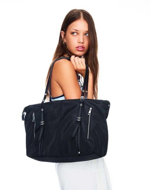 Bershka Blue Faux Leather Shopper Bag