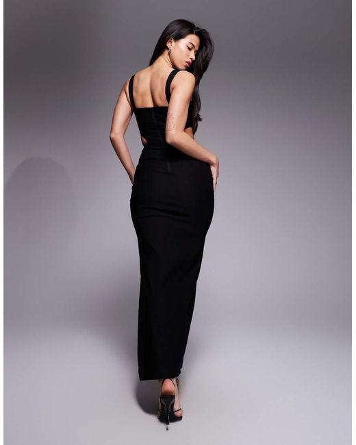 Vesper Blue Square Neck Maxi Dress With Cut Outs And Thigh Split