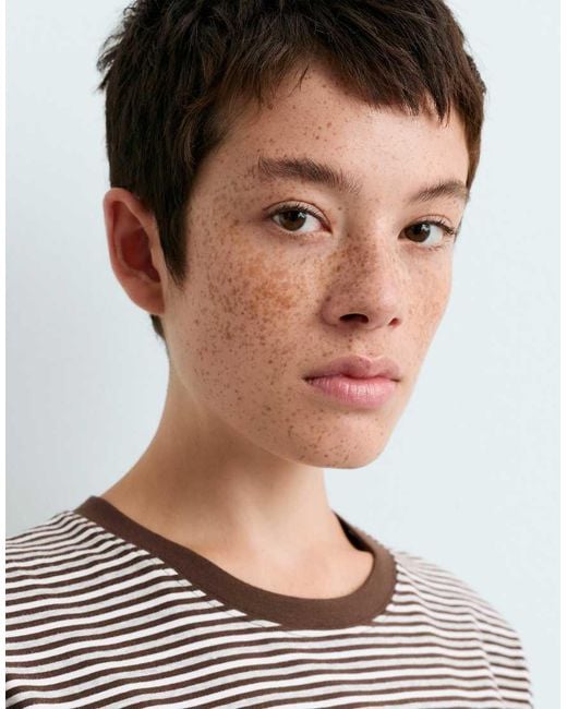 Oysho White Regular Fit Striped Cotton Blend Short-Sleeved T-Shirt