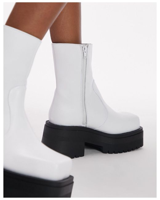 TOPSHOP White Beth Premium Leather Square Toe Ankle Boots