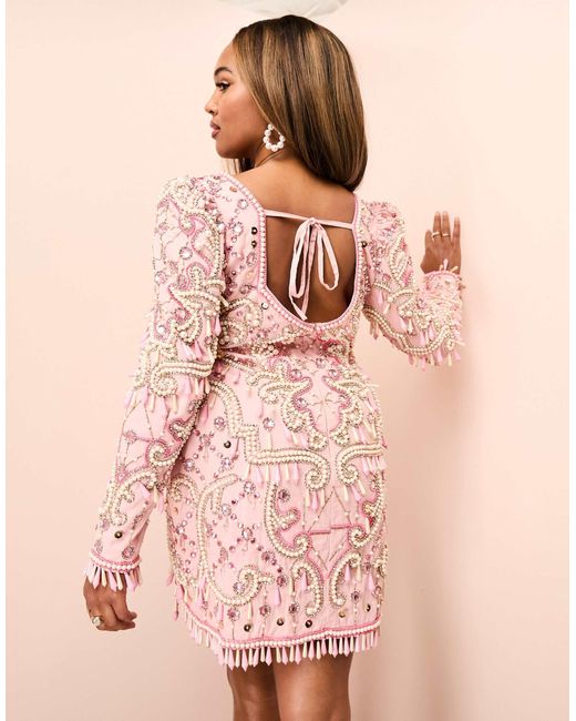 open lace back dress ASOS Design Long Sleeve Ruffle Dress Shell Pink
