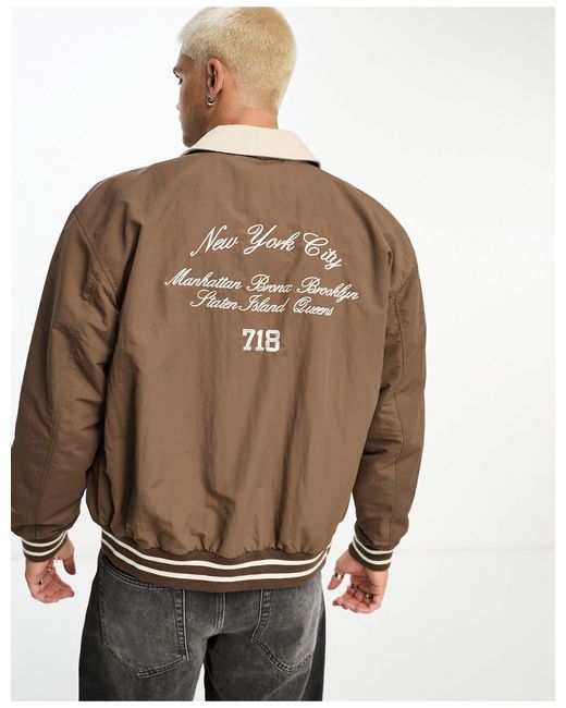 ASOS Varsity Bomber Jacket With Contrast Cord Collar in Brown for Men