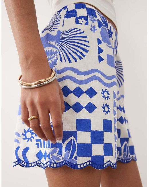 New Look Blue Shell Print Scallop Hem Short