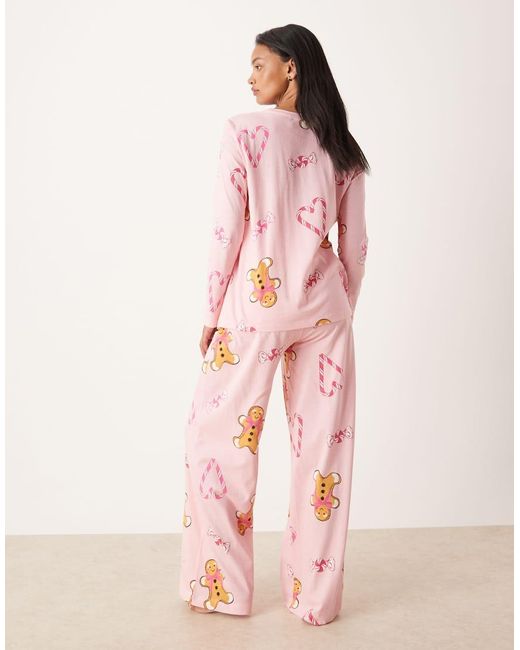 ASOS Pink Asos Design Maternity Gingerbread & Candy Cane Long Sleeve Top & Pants Pajama Set