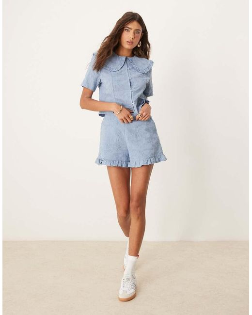 ASOS Blue Frill Hem Shorts With Floral Embroidery Co-ord