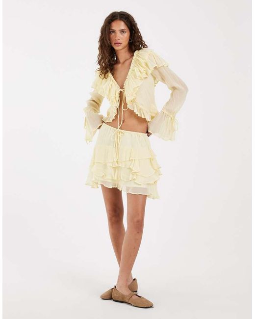 Muse Assembly Natural Ivy Ruffle Tie Front Blouse (part Of A Set)-yellow
