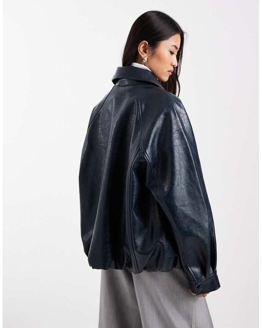 ASOS Blue Leather Look Oversized Bomber Jacket