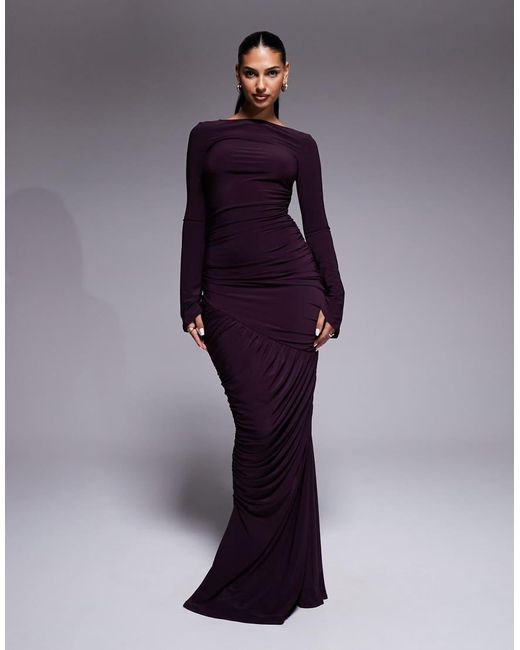 ASOS Purple Sculpting Gauged Panelled Maxi Dress With Long Sleeves