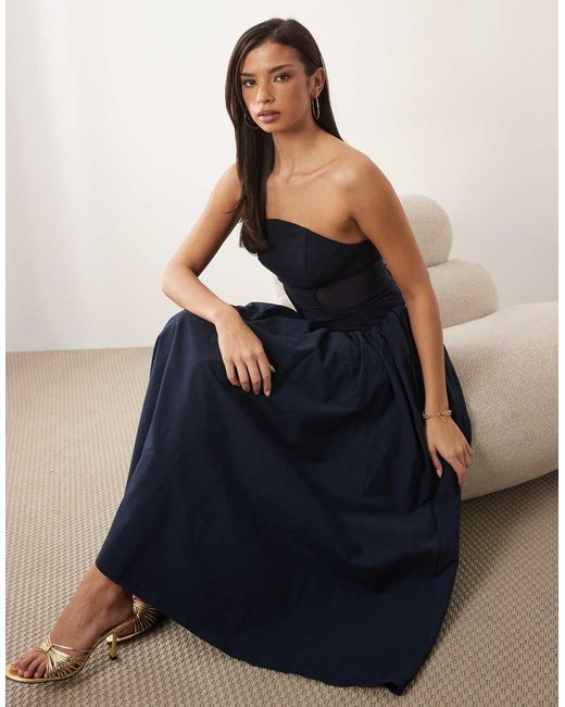 ASOS Blue Curved Neckline Sheer Paneled Midaxi Dress With Volume Structured Skirt