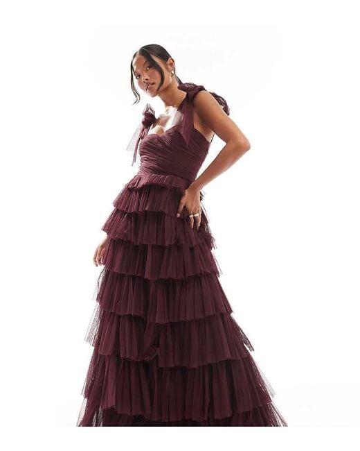 LACE & BEADS Bow Shoulder Tiered Tulle Maxi Dress