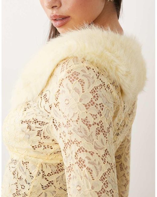 Oh Polly Natural Faux Fur Collar Lace Cardigan