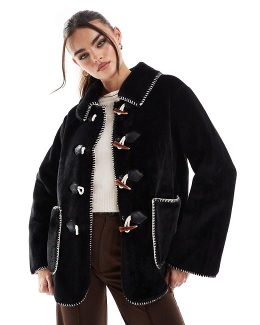 Object Black Fur Jacket With Toggle Fastenings