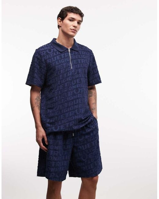 True Religion Blue Textured Terry Towelling Logo Shorts for men
