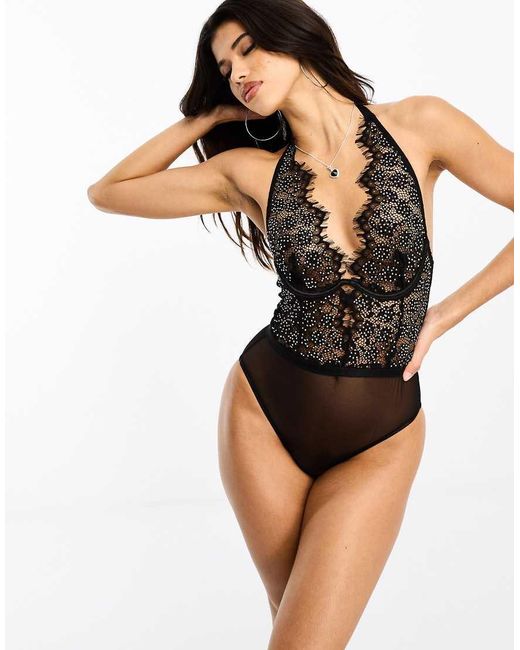 Ann Summers Black Cordellia Eyelash Lace Diamante Bodysuit