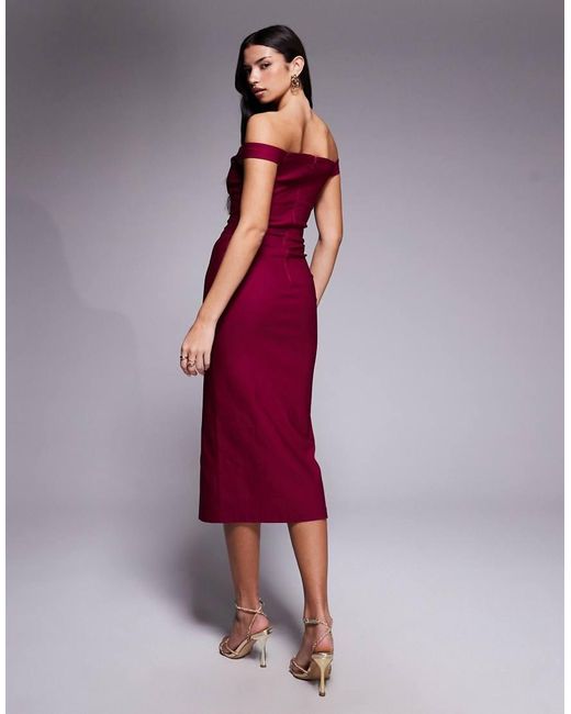 Vesper Red Bengaline Bardot Sweetheart Neckline Split Front Midi Dress