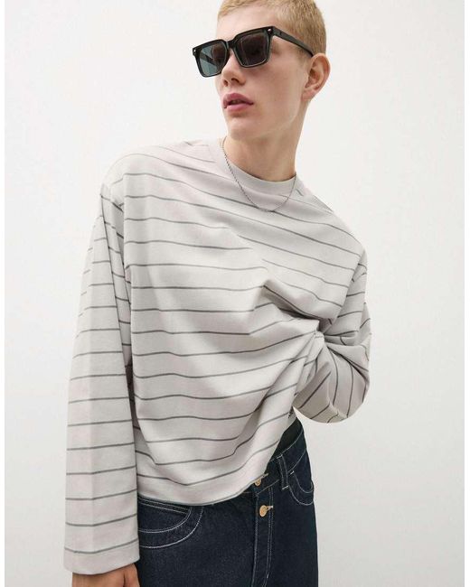 Bershka Gray Long-Sleeved Stripe Print T-Shirt for men