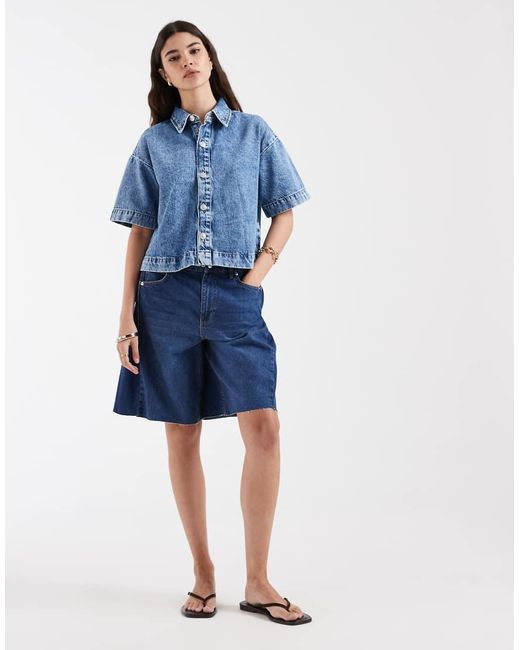 Pieces Blue Boxy Denim Shirt