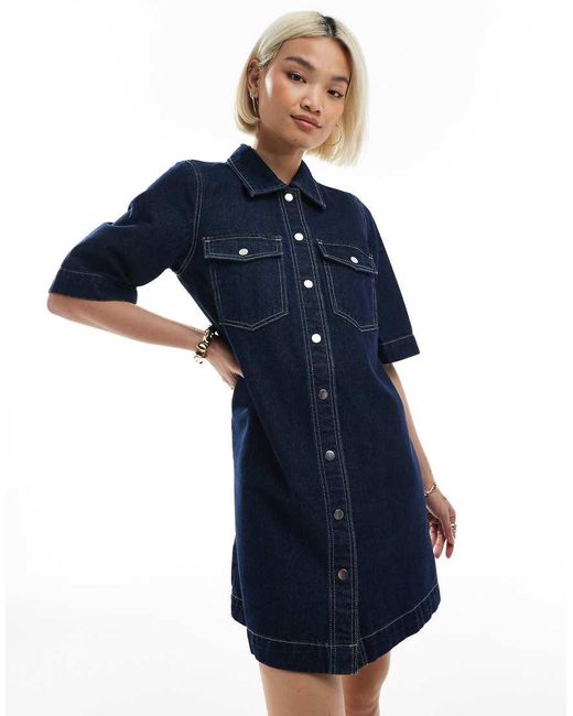 Vero Moda Oversized Denim Jurk Met Korte Mouwen En Knoopsluiting Aan De Voorkant in het Blue
