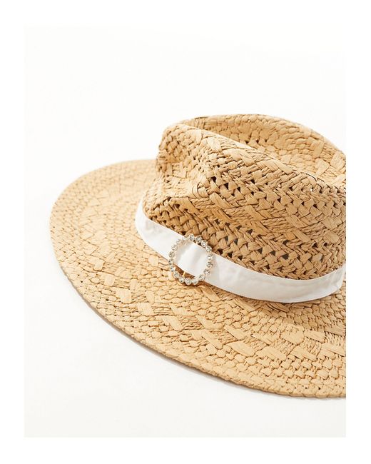 South Beach Natural Fedora Hat With Embellished Trim
